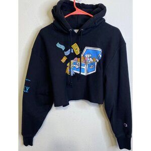 CHAMPION Reserve Weave Embroidered MONOPOLY Black Cropped Hoodie Sweatshirt M